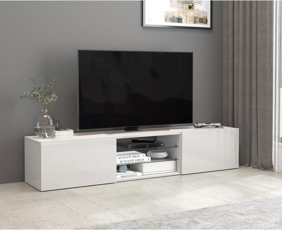 INOSIGN Tv-meubel Egypt Lowboard TV-ladekast TV-meubel TV-bank met 2 kleppen 2 glazen planken volledig hoogglans gelakt (b d h) 180x38x35 cm - Foto 7