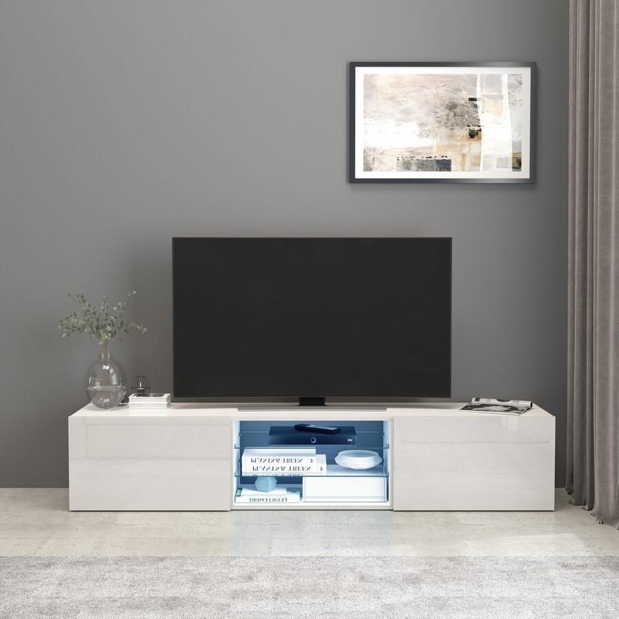 INOSIGN Tv-meubel Egypt Lowboard TV-ladekast TV-meubel TV-bank met 2 kleppen 2 glazen planken volledig hoogglans gelakt (b d h) 180x38x35 cm - Foto 3