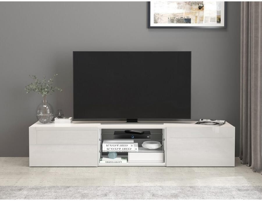 INOSIGN Tv-meubel Egypt Lowboard TV-ladekast TV-meubel TV-bank met 2 kleppen 2 glazen planken volledig hoogglans gelakt (b d h) 180x38x35 cm - Foto 9