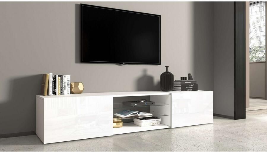 INOSIGN Tv-meubel Egypt Lowboard TV-ladekast TV-meubel TV-bank met 2 kleppen 2 glazen planken volledig hoogglans gelakt (b d h) 180x38x35 cm - Foto 16