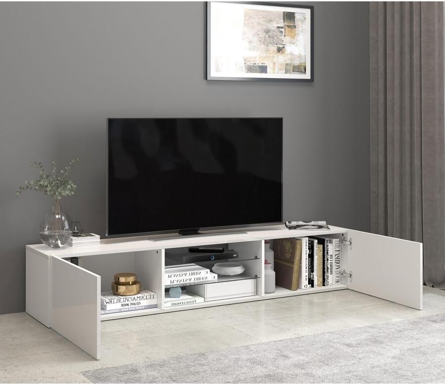 INOSIGN Tv-meubel Egypt Lowboard TV-ladekast TV-meubel TV-bank met 2 kleppen 2 glazen planken volledig hoogglans gelakt (b d h) 180x38x35 cm - Foto 6