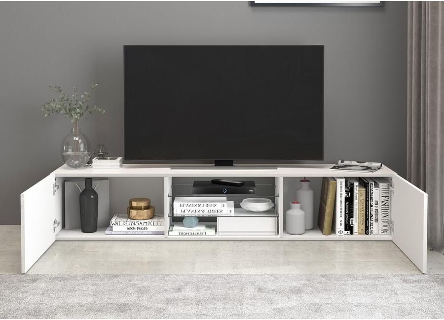 INOSIGN Tv-meubel Egypt Lowboard TV-ladekast TV-meubel TV-bank met 2 kleppen 2 glazen planken volledig hoogglans gelakt (b d h) 180x38x35 cm - Foto 11