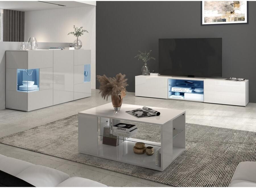 INOSIGN Tv-meubel Egypt Lowboard TV-ladekast TV-meubel TV-bank met 2 kleppen 2 glazen planken volledig hoogglans gelakt (b d h) 180x38x35 cm - Foto 10