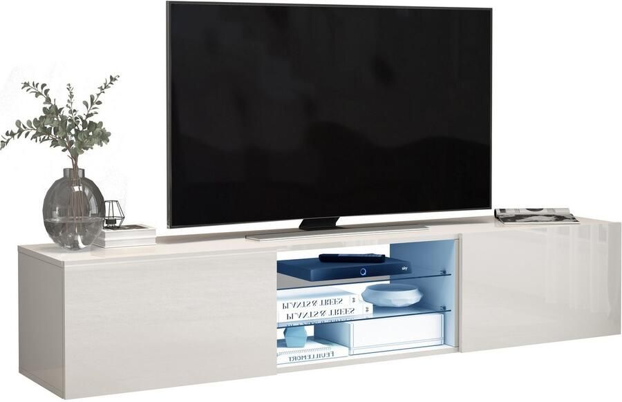 INOSIGN Tv-meubel Egypt Lowboard TV-ladekast TV-meubel TV-bank met 2 kleppen 2 glazen planken volledig hoogglans gelakt (b d h) 180x38x35 cm - Foto 14
