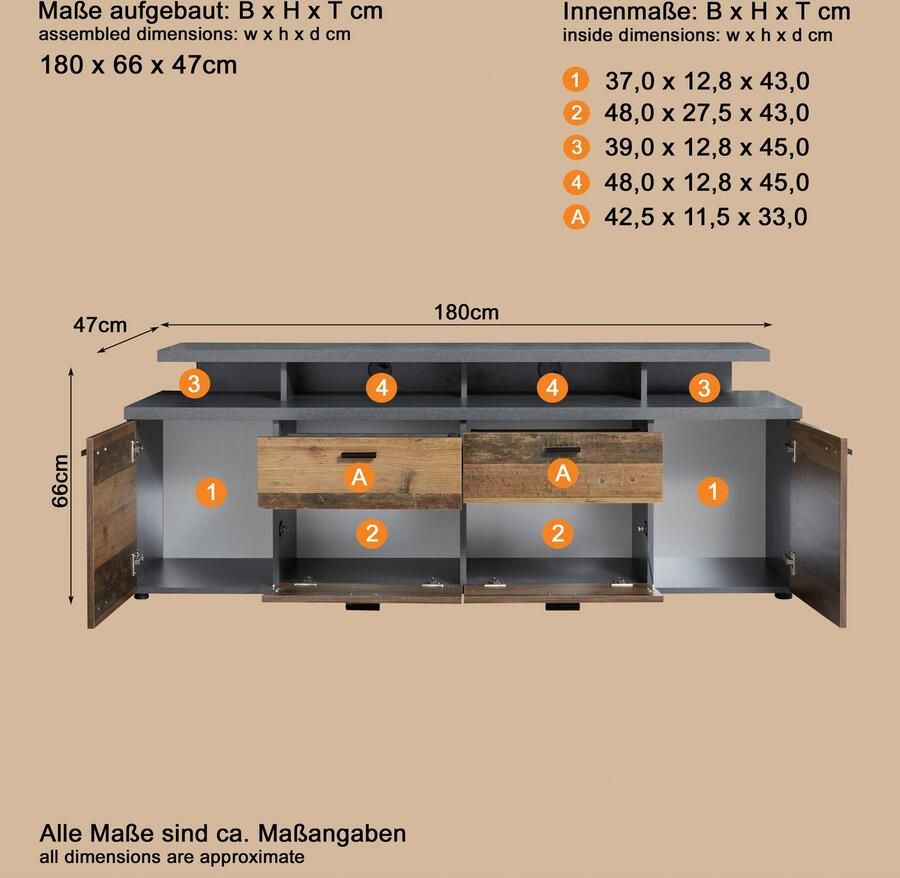 INOSIGN Tv-meubel Messina TV-Lowboard met deuren lades & vakken (B D H) 180 47 66 cm (1 stuk) - Foto 2