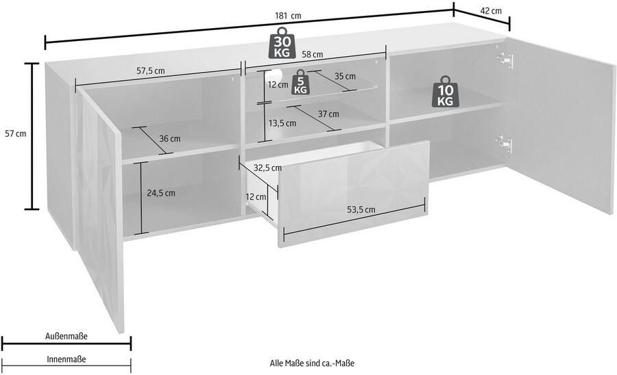 INOSIGN Tv-meubel Prisma Breedte 181 cm TV-meubel 2 deuren 1 lade TV-kast Voorkant met elegante zeefdruk greeploos veel opbergruimte - Foto 2