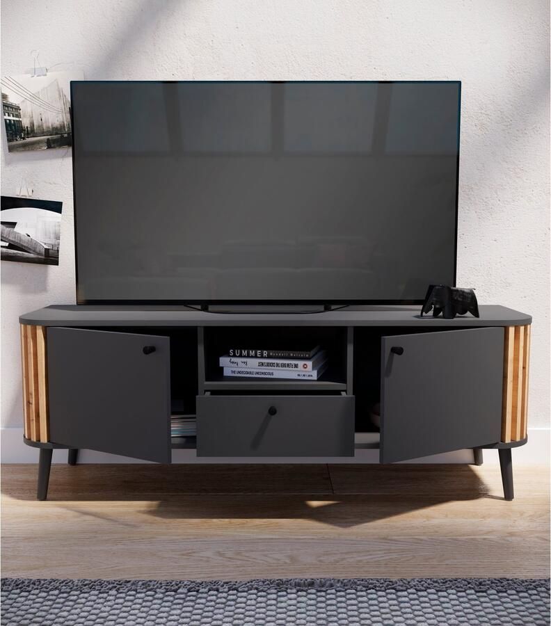 INOSIGN Tv-meubel Stavanger Breedte 138 cm Paneel-stokjes-uitstraling 1 Lade 2 Deuren (1 stuk) - Foto 2