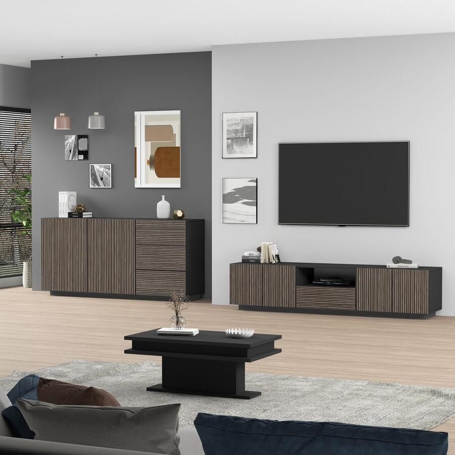 INOSIGN Dressoir Vega Sideboard Ladekast 180 cm met 2 deuren en 3 lades fronten met groeflook - Foto 7