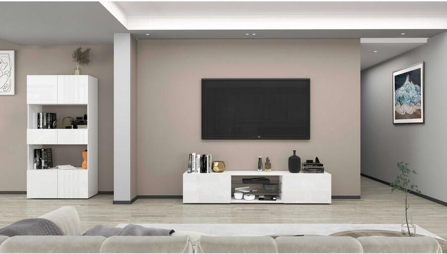 INOSIGN Tv-meubel Egypt Lowboard TV-ladekast TV-meubel TV-bank met 2 kleppen 2 glazen planken volledig hoogglans gelakt (b d h) 180x38x35 cm - Foto 17