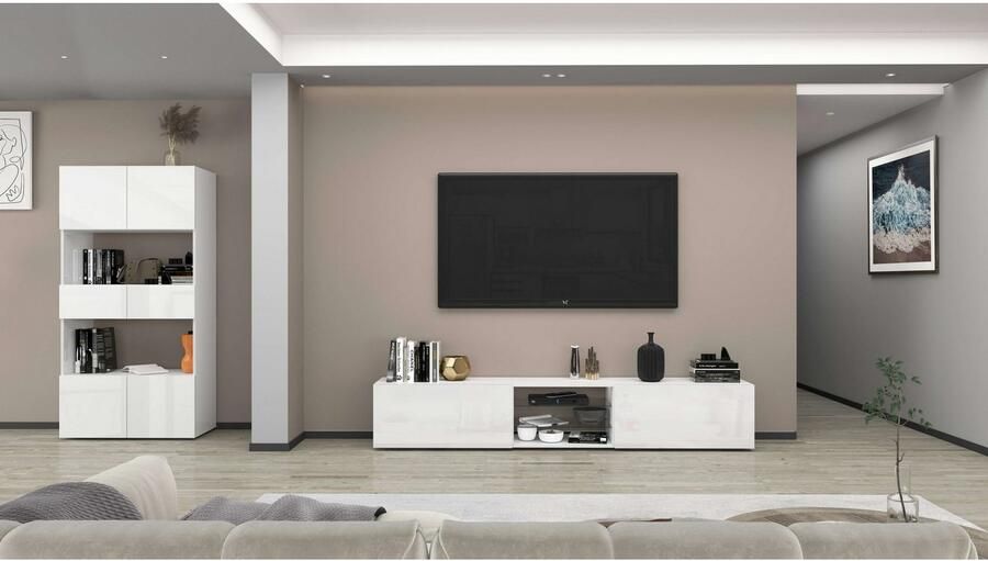 INOSIGN Tv-meubel Egypt Lowboard TV-ladekast TV-meubel TV-bank met 2 kleppen 2 glazen planken volledig hoogglans gelakt (b d h) 240x38x35 cm - Foto 11