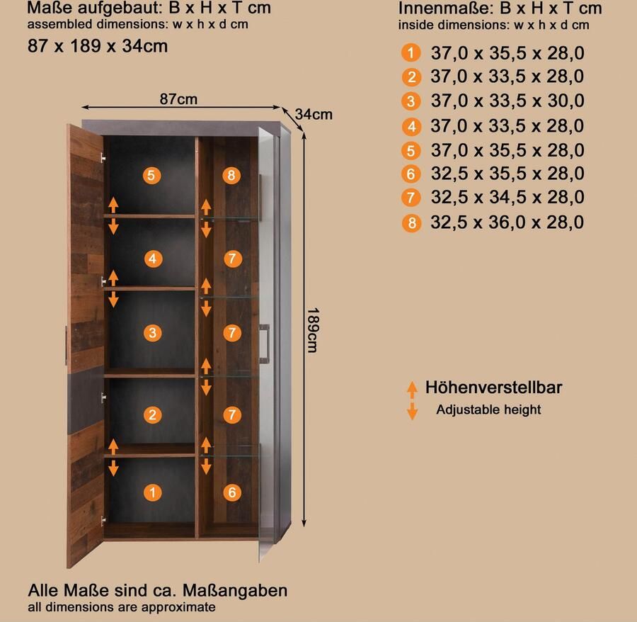 INOSIGN Vitrinekast Ilana moderne industriële stijl verlichting optioneel b d h 87 34 189 cm