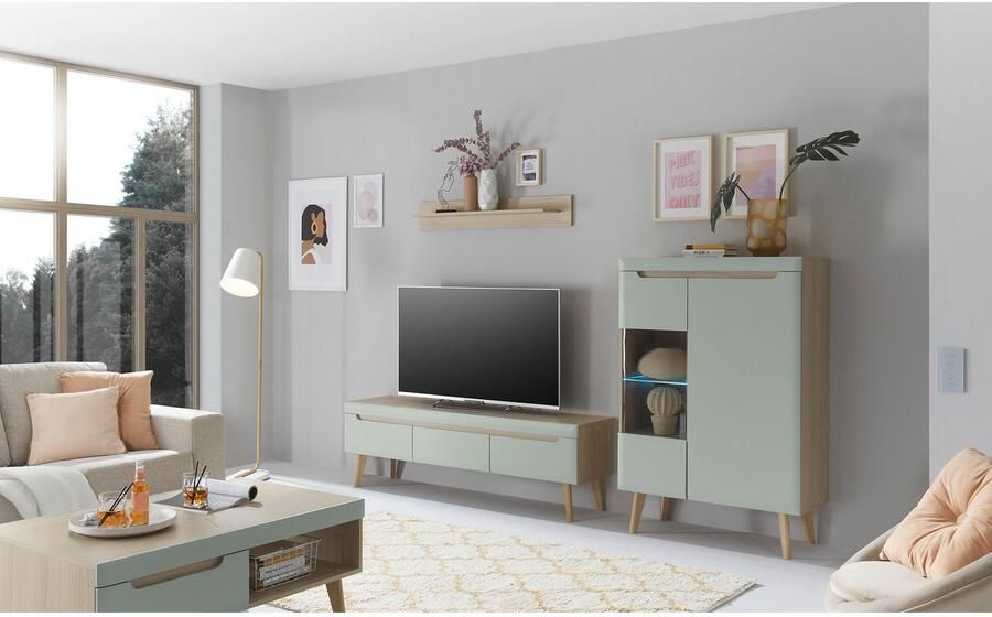 INOSIGN Wandmeubel Torge wandmeubel kastwand mediawand woonkamer-set bevat 1 vitrine 1 lowboard + 1 wandplank 270 cm breed (set 3-delig) - Foto 4