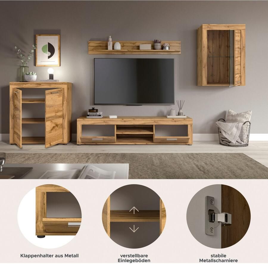 INOSIGN Wandmeubel Aosta 4-delig bestaande uit: highboard lowboard wandplank & vitrinekast (4-delig) - Foto 4