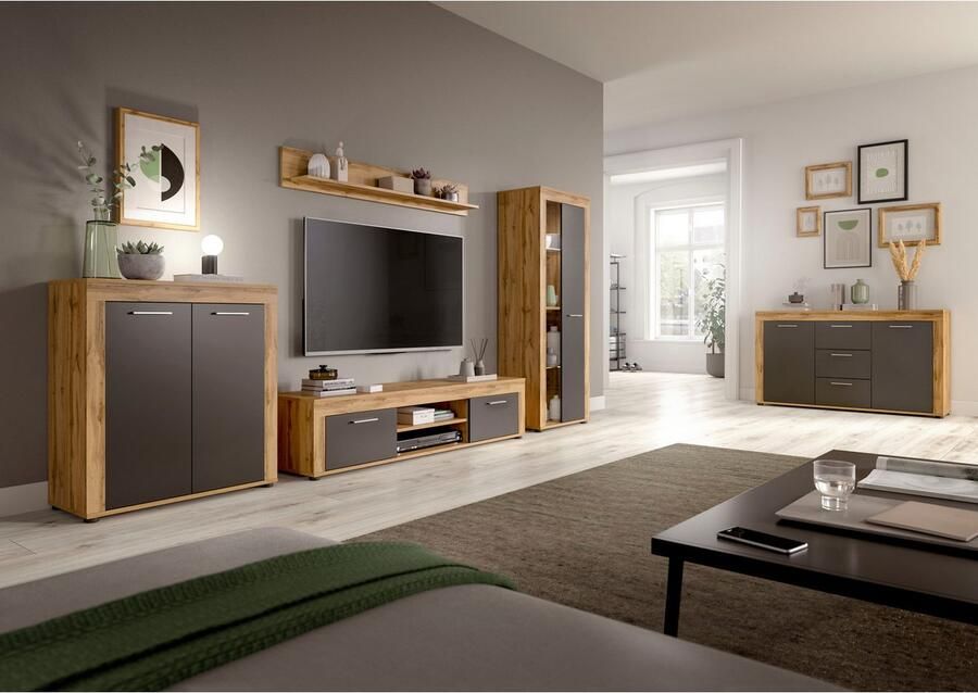 INOSIGN Wandmeubel Aosta 4-delig bestaande uit: highboard lowboard wandplank & vitrinekast (4-delig)