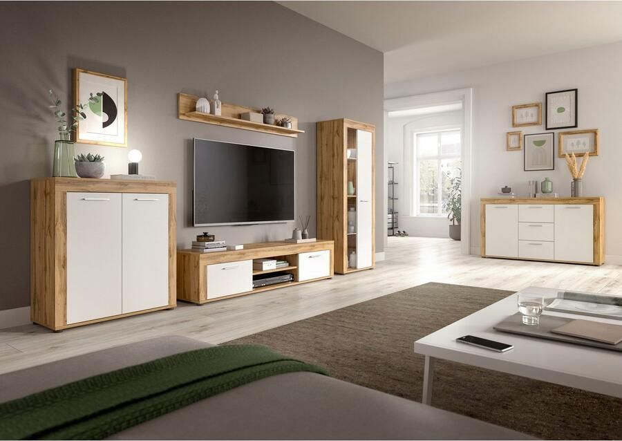 INOSIGN Wandmeubel Aosta 4-delig bestaande uit: highboard lowboard wandplank & vitrinekast (4-delig)