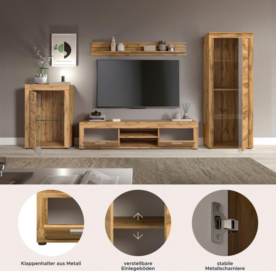 INOSIGN Wandmeubel Aosta 4-delig bestaande uit: vitrinekast lowboard wandplank & hoge vitrinekast (4 stuks) - Foto 4