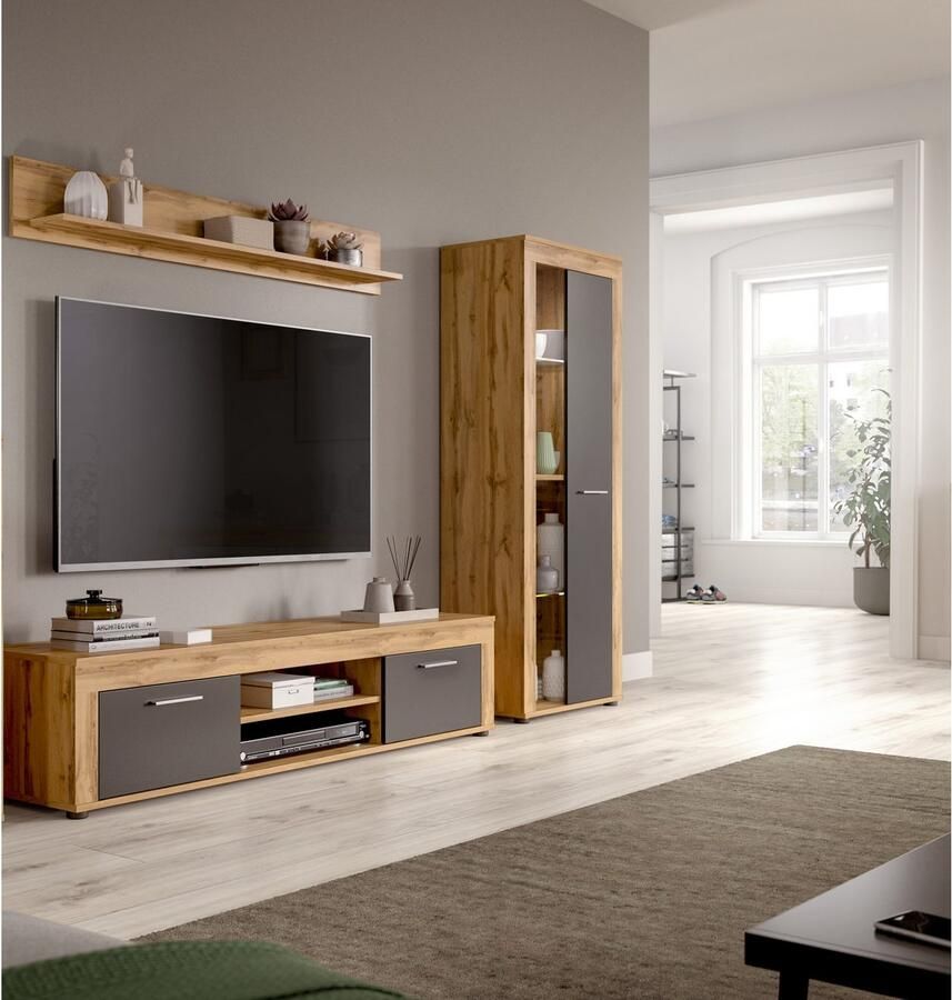 INOSIGN Wandmeubel Aosta Breedte 235cm bestaand uit Lowboard Wandplank Vitrine Woonwand combinatie opbouwwand meubelset kastwand meubelcombi (3 stuks) - Foto 2