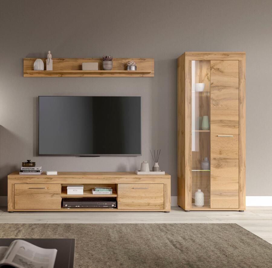 INOSIGN Wandmeubel Aosta Breedte 235cm bestaand uit Lowboard Wandplank Vitrine Woonwand combinatie opbouwwand meubelset kastwand meubelcombi (3 stuks) - Foto 11