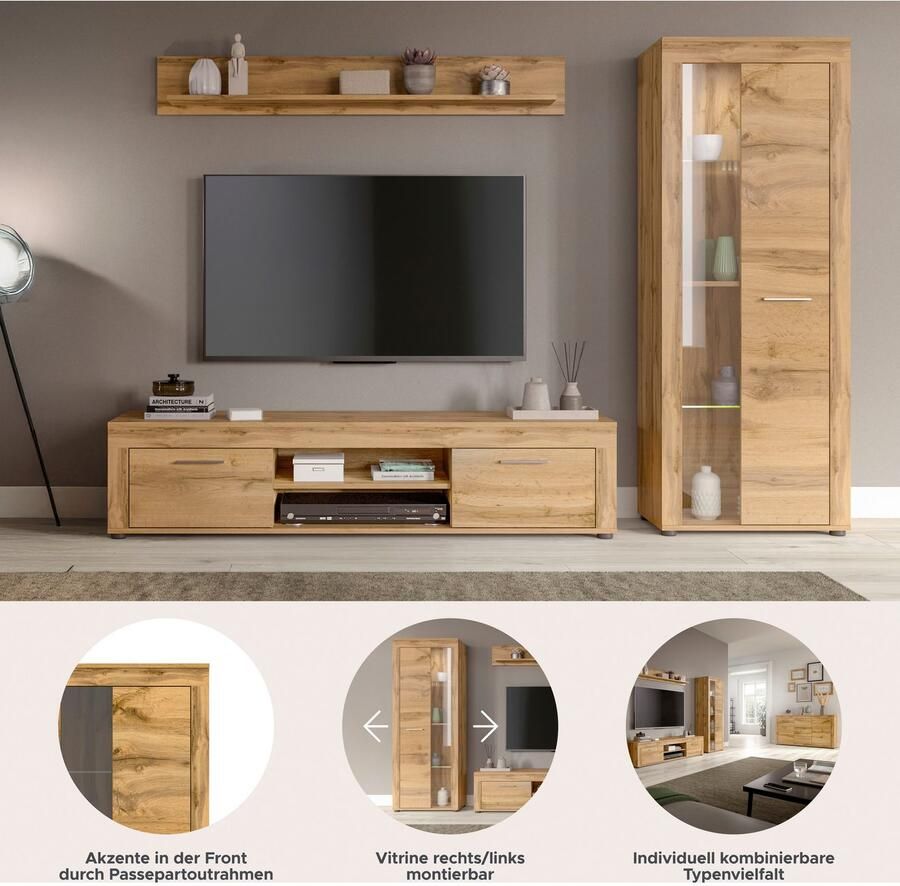 INOSIGN Wandmeubel Aosta Breedte 235cm bestaand uit Lowboard Wandplank Vitrine Woonwand combinatie opbouwwand meubelset kastwand meubelcombi (3 stuks) - Foto 3