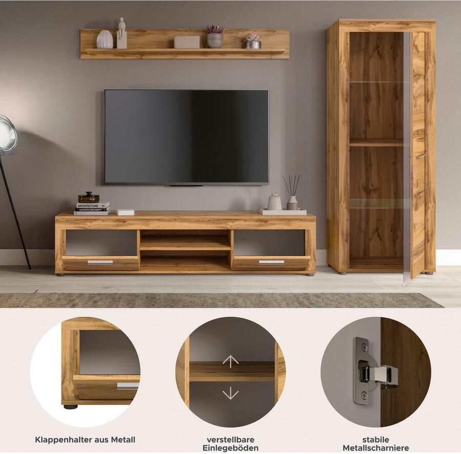 INOSIGN Wandmeubel Aosta Breedte 235cm bestaand uit Lowboard Wandplank Vitrine Woonwand combinatie opbouwwand meubelset kastwand meubelcombi (3 stuks) - Foto 4