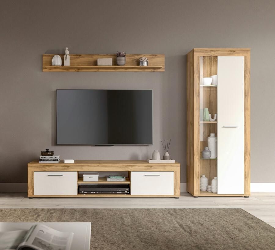 INOSIGN Wandmeubel Aosta Breedte 235cm bestaand uit Lowboard Wandplank Vitrine Woonwand combinatie opbouwwand meubelset kastwand meubelcombi (3 stuks)