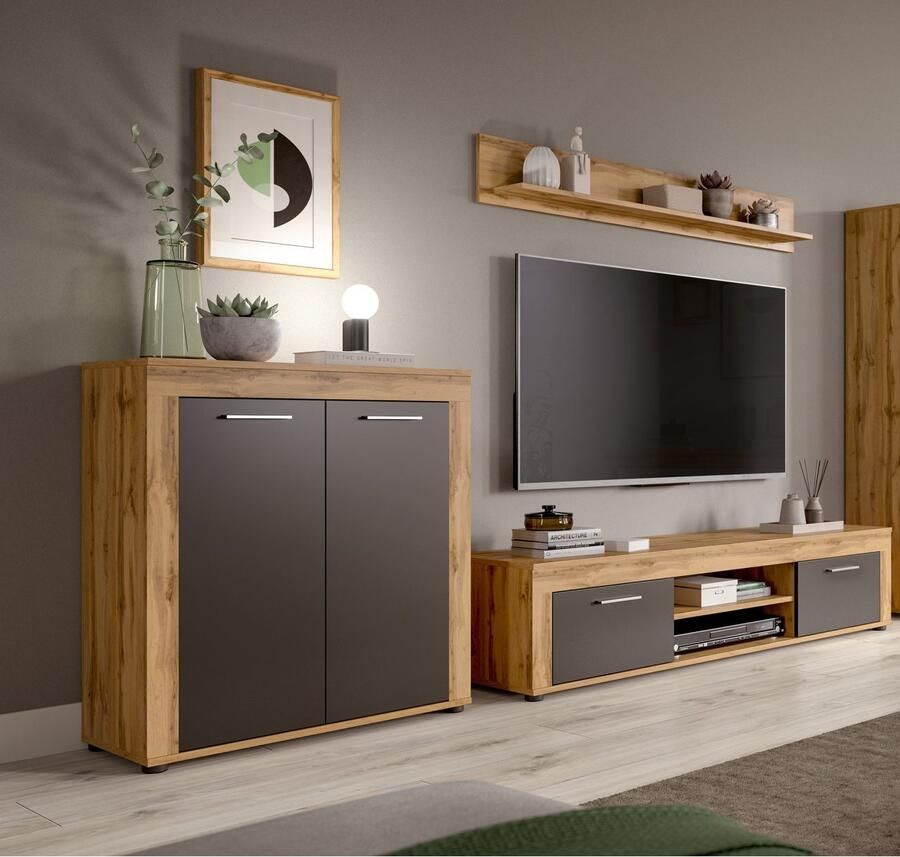 INOSIGN Wandmeubel Aosta Breedte 255cm bestaand uit Highboard Lowboard Wandplank Woonwand combinatie opbouwwand meubelset kastwand meubelcombi (3-delig)