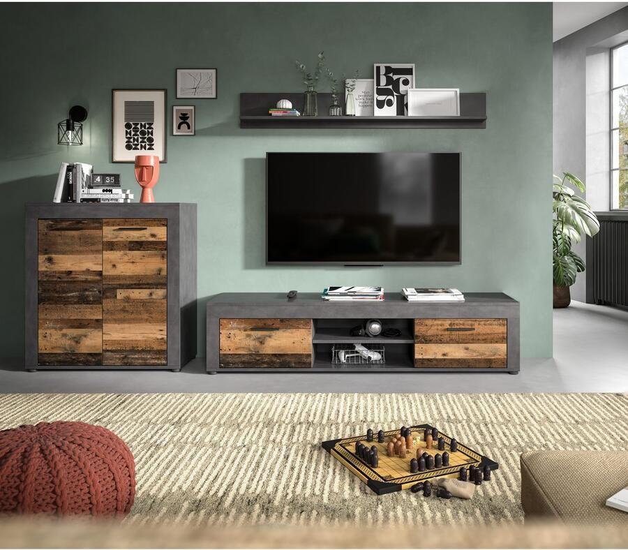 INOSIGN Wandmeubel Aosta Breedte 255cm bestaand uit Highboard Lowboard Wandplank Woonwand combinatie opbouwwand meubelset kastwand meubelcombi (3-delig)