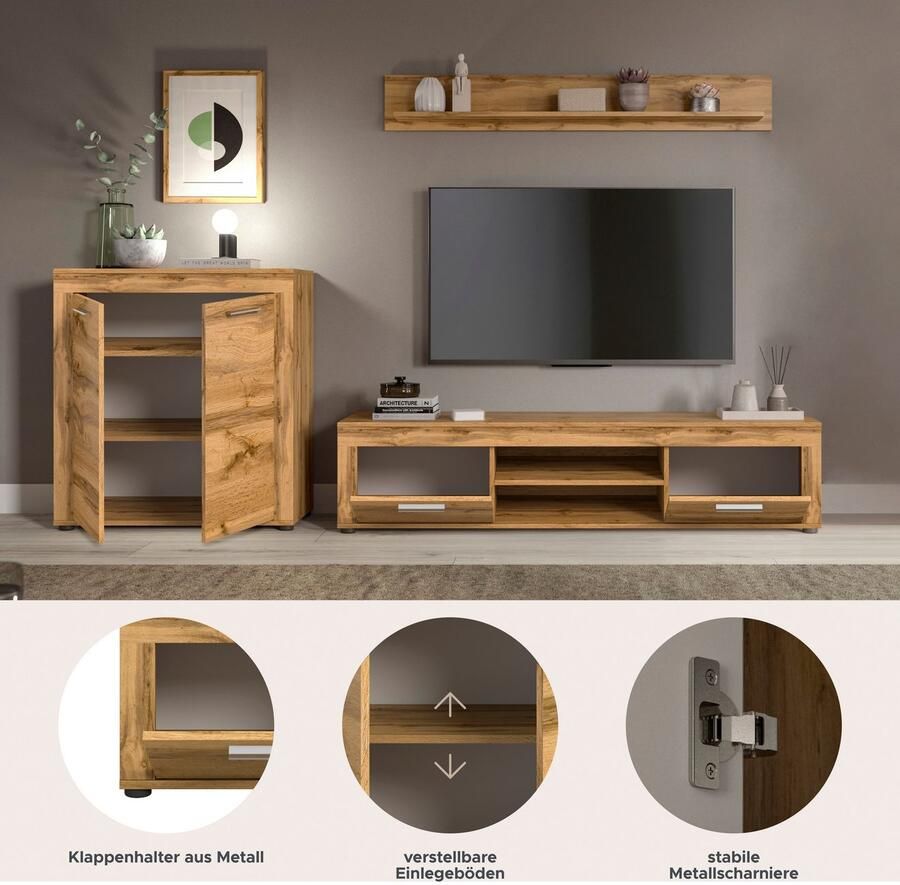 INOSIGN Wandmeubel Aosta Breedte 255cm bestaand uit Highboard Lowboard Wandplank Woonwand combinatie opbouwwand meubelset kastwand meubelcombi (3-delig) - Foto 4