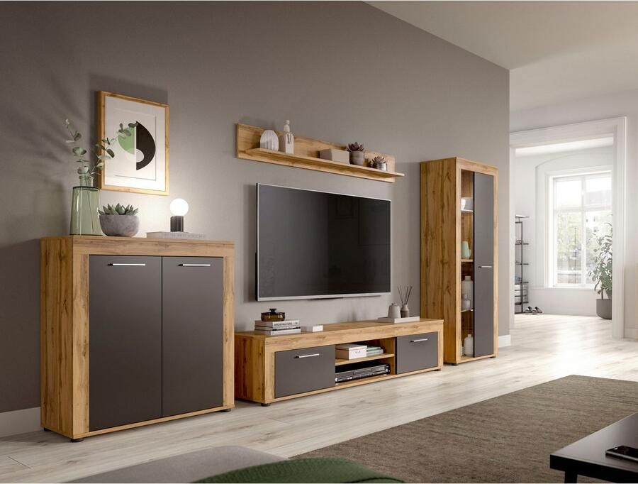 INOSIGN Wandmeubel Aosta Breedte 255cm bestaand uit Highboard Lowboard Wandplank Woonwand combinatie opbouwwand meubelset kastwand meubelcombi (3-delig) - Foto 3