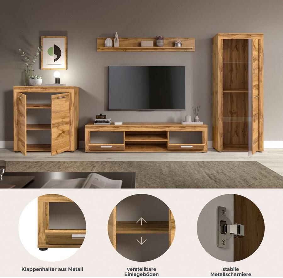 INOSIGN Wandmeubel Aosta Breedte 330cm bestaand uit Highboard Lowboard Wandplank Vitrine (4 stuks) - Foto 4