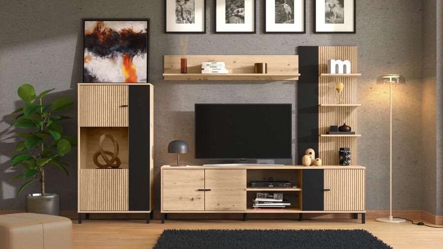 INOSIGN Wandmeubel Avignon incl. Highboard TV-meubel Staande plank en Wandplank 263 cm trendkleuren met decoratieve zwarte strepen tv tot 58' (complete set 4 stuks) - Foto 5