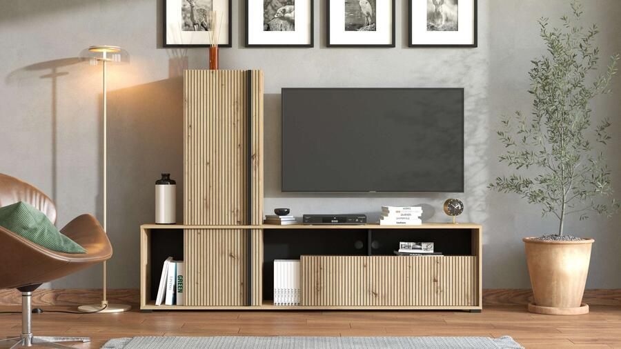 INOSIGN Wandmeubel Chania 195 cm incl. TV-meubel en Highboard Trendkleuren met decoratieve zwarte strepen in artisan eiken (complete set 2-delig) - Foto 6