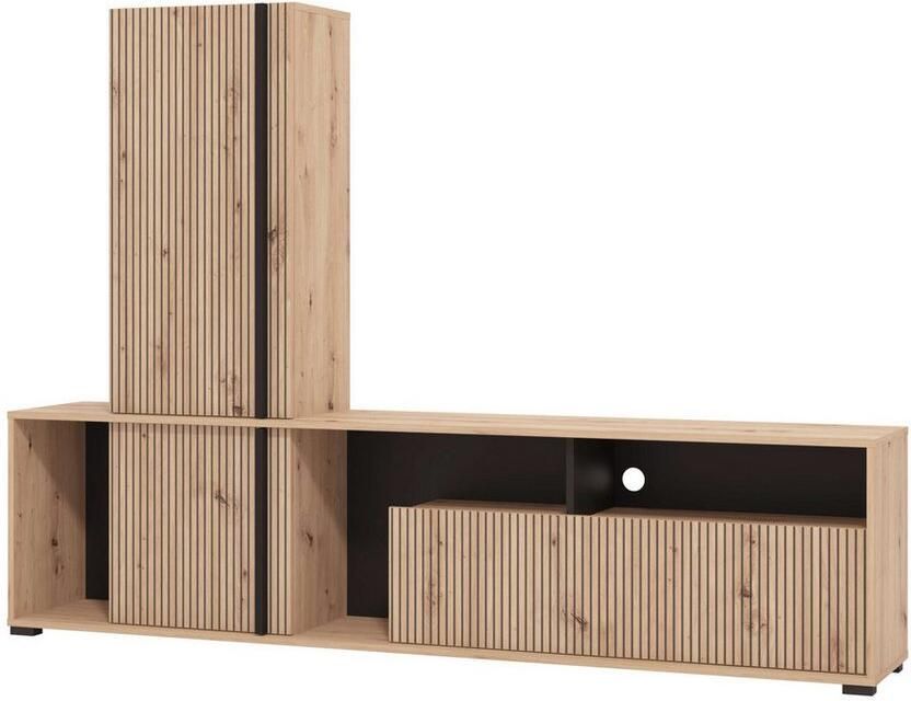 INOSIGN Wandmeubel Chania 195 cm incl. TV-meubel en Highboard Trendkleuren met decoratieve zwarte strepen in artisan eiken (complete set 2-delig) - Foto 4
