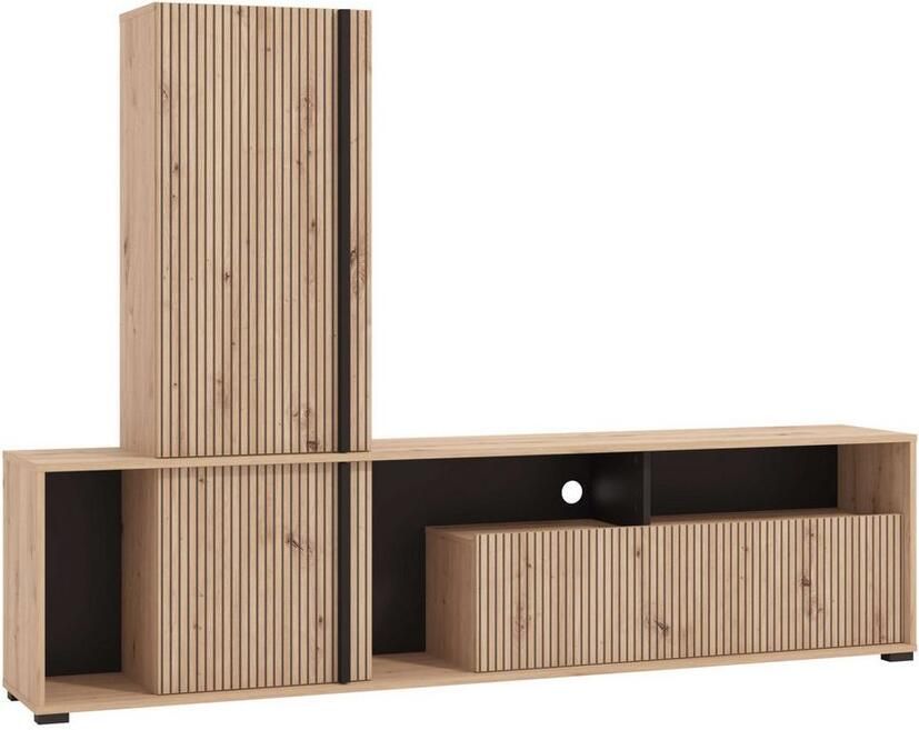 INOSIGN Wandmeubel Chania 195 cm incl. TV-meubel en Highboard Trendkleuren met decoratieve zwarte strepen in artisan eiken (complete set 2-delig) - Foto 2