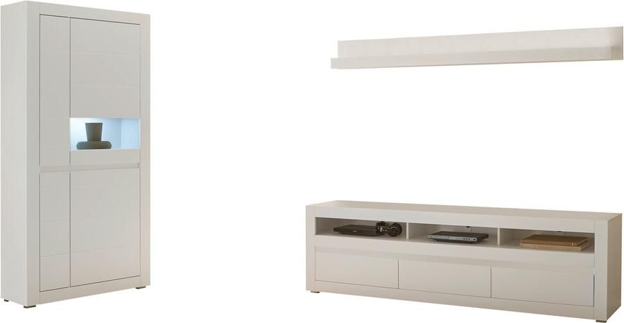 INOSIGN Wandmeubel in Mat Wit Woonkamer-set met verwisselbare front bevat vitrine lowboard wandplank tijdloos ontwerp 312 cm breed (set 3-delig) - Foto 11