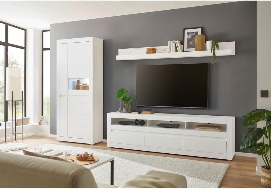 INOSIGN Wandmeubel in Mat Wit Woonkamer-set met verwisselbare front bevat vitrine lowboard wandplank tijdloos ontwerp 312 cm breed (set 3-delig) - Foto 6