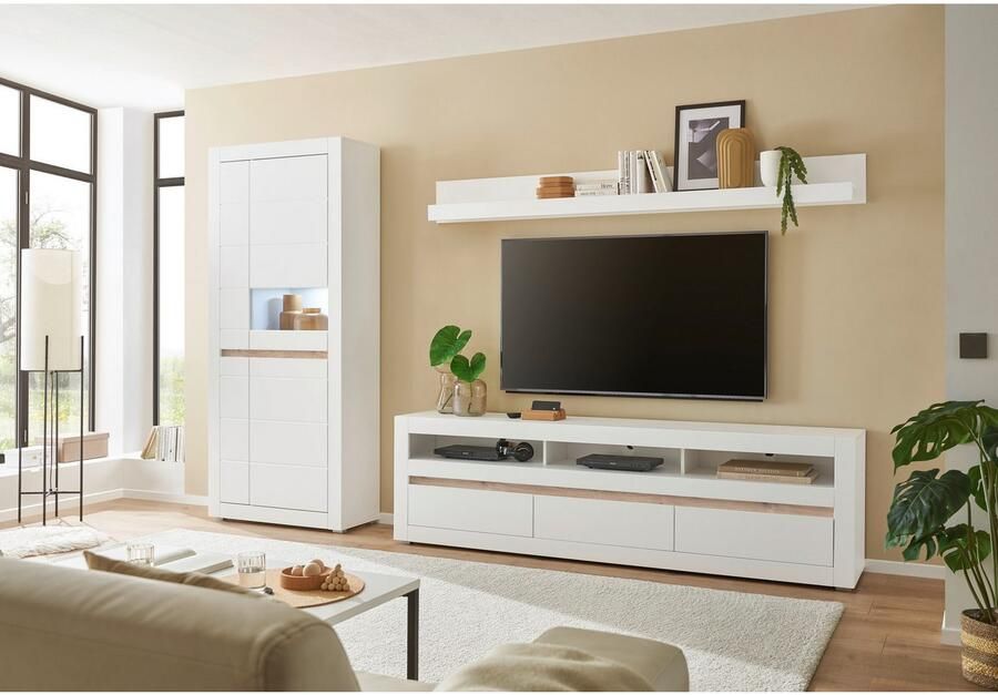 INOSIGN Wandmeubel in Mat Wit Woonkamer-set met verwisselbare front bevat vitrine lowboard wandplank tijdloos ontwerp 312 cm breed (set 3-delig) - Foto 5