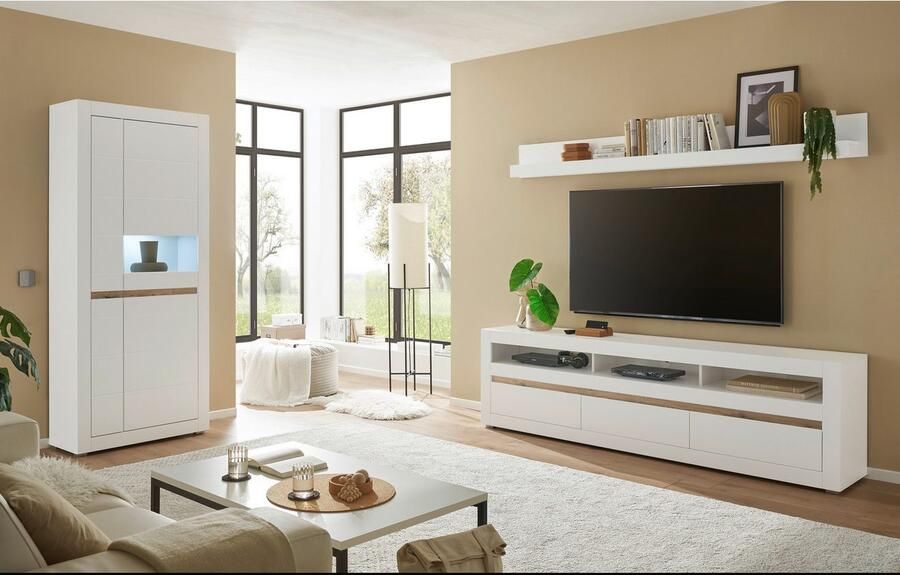 INOSIGN Wandmeubel in Mat Wit Woonkamer-set met verwisselbare front bevat vitrine lowboard wandplank tijdloos ontwerp 312 cm breed (set 3-delig) - Foto 7