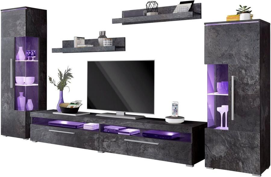 INOSIGN Wandmeubel India breedte 290cm moderne mediastelling zonder verlichting Aanbouwwand (set 5-st 2x vitrine 1 TV-kast 2x wandplank) veel opbergruimte (set 5 stuks) - Foto 3