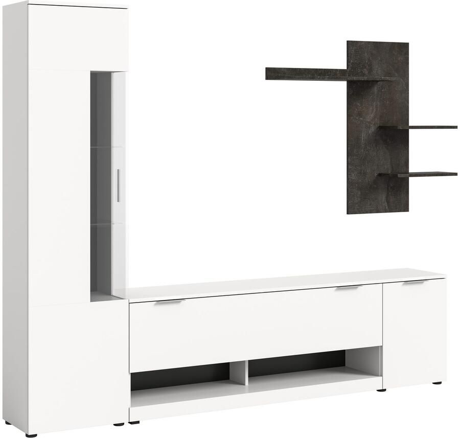 INOSIGN Wandmeubel Porto Breedte 250cm in Wit Beton nabootsing TV-wand mediakast lowboard vitrine wandplank (3 stuks)
