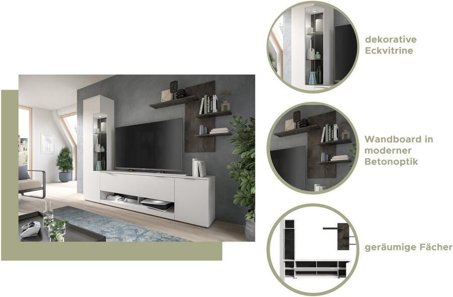 INOSIGN Wandmeubel Porto Breedte 250cm in Wit Beton nabootsing TV-wand mediakast lowboard vitrine wandplank (3 stuks) - Foto 7