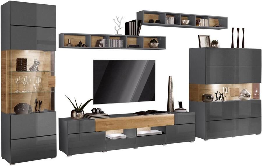 INOSIGN Wandmeubel Toledo breedte 391cm stijlvolle mediawand zonder verlichting Opbouwwand (vitrine lowboard highboard 2x hangplank) MDF hoogglans fronten (set 5 stuks)