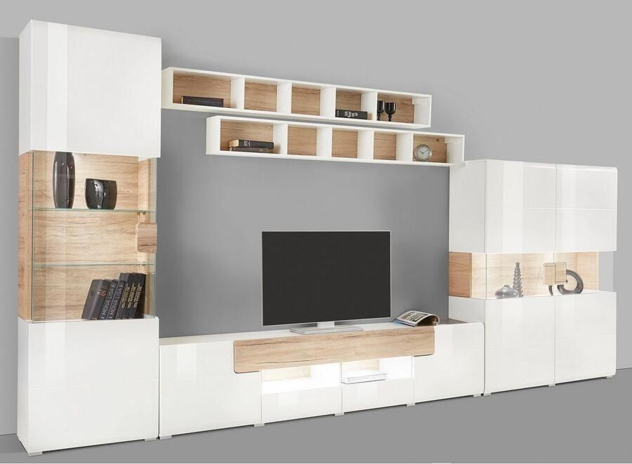 INOSIGN Wandmeubel Toledo breedte 391cm stijlvolle mediawand zonder verlichting Opbouwwand (2x hangvitrine lowboard wandplank) MDF hoogglans fronten (set) - Foto 2