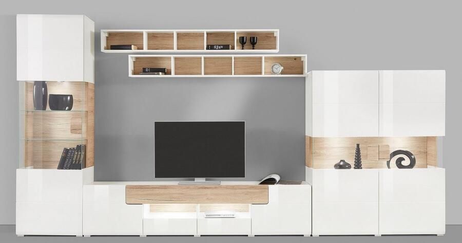 INOSIGN Wandmeubel Toledo breedte 391cm stijlvolle mediawand zonder verlichting Opbouwwand (2x hangvitrine lowboard wandplank) MDF hoogglans fronten (set) - Foto 9