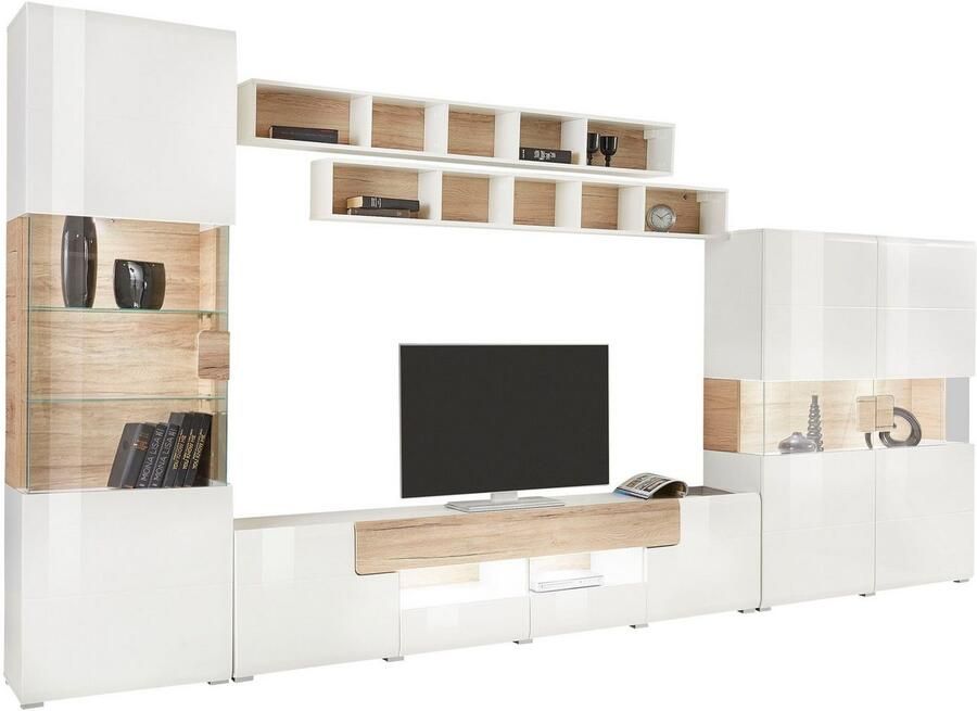 INOSIGN Wandmeubel Toledo breedte 391cm stijlvolle mediawand zonder verlichting Opbouwwand (vitrine lowboard highboard 2x hangplank) MDF hoogglans fronten (set 5 stuks)