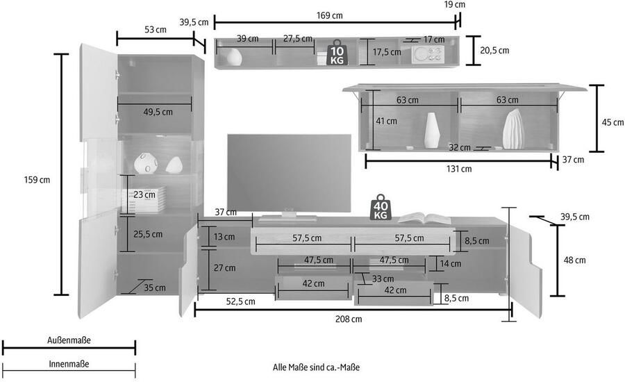 INOSIGN Wandmeubel Toledo set 4 stuks stijlvol mediawandmeubel zonder verlichting Opbouwwand (2x hangvitrine lowboard wandplank) MDF hoogglans fronten (set 4-delig)