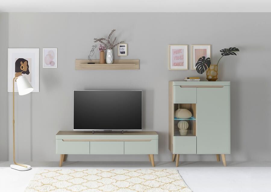 INOSIGN Wandmeubel Torge wandmeubel kastwand mediawand woonkamer-set bevat 1 vitrine 1 lowboard + 1 wandplank 270 cm breed (set 3-delig) - Foto 8