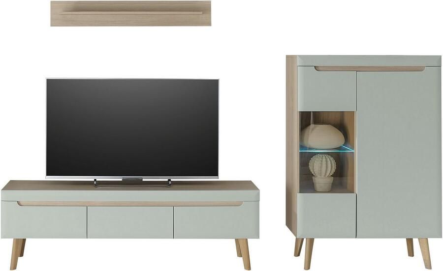 INOSIGN Wandmeubel Torge wandmeubel kastwand mediawand woonkamer-set bevat 1 vitrine 1 lowboard + 1 wandplank 270 cm breed (set 3-delig) - Foto 5