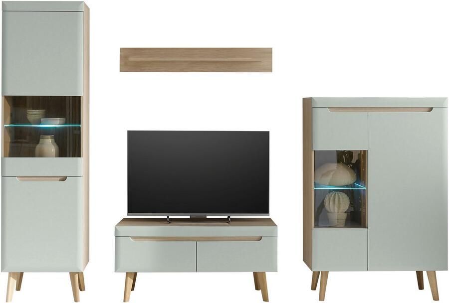 INOSIGN Wandmeubel Torge wandmeubel kastwand mediawand woonkamer-set bevat 2 vitrines 1 lowboard + 1 wandplank 290 cm breed (set 4-delig) - Foto 6