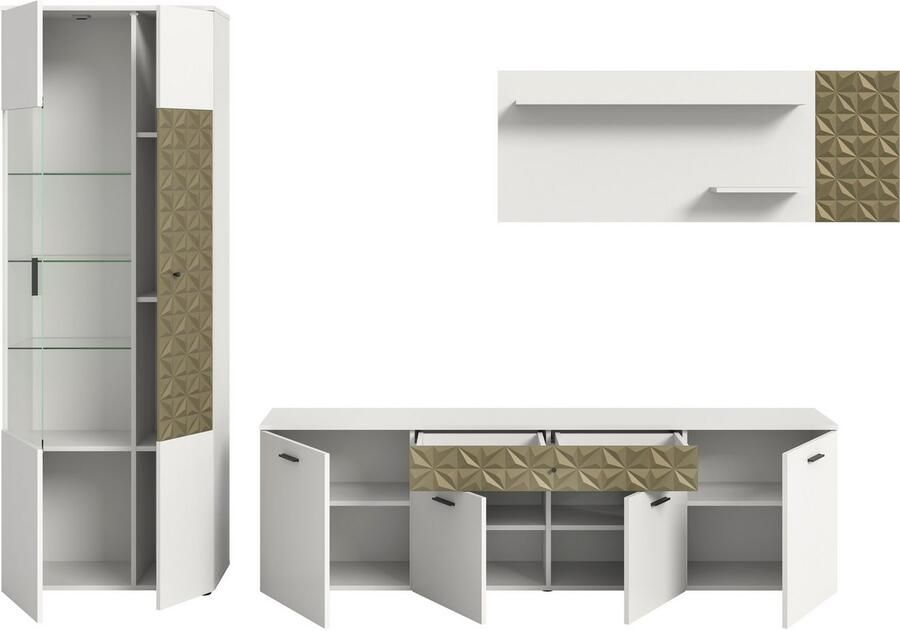 INOSIGN Wandmeubel Vicenza 3-delig bestaande uit: vitrine lowboard wandplank met ornamentafwerking combinatie aanbouwwand tv-wand kastwand (3-delig) - Foto 5